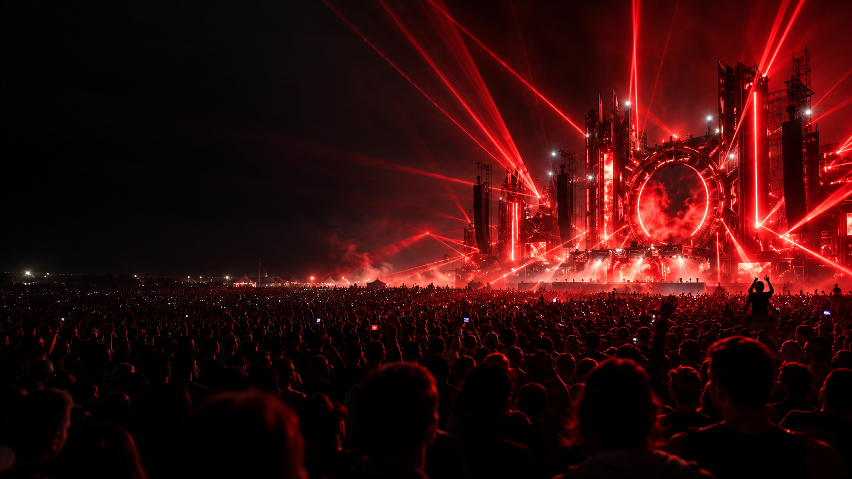 Crowd enjoying a live concert under red stage lighting